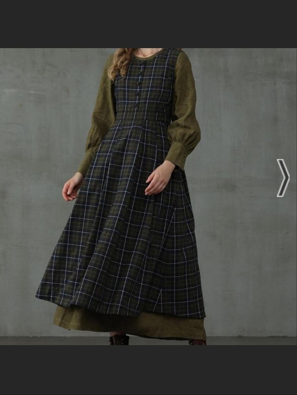 Linennaive Olive Green Plaid Long Sleeve Maxi Dress Large